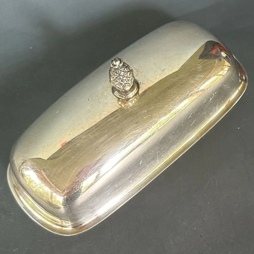 Vintage Silverplate, Butter Dish Elegant Patterned Pineapple Top, Glass insert